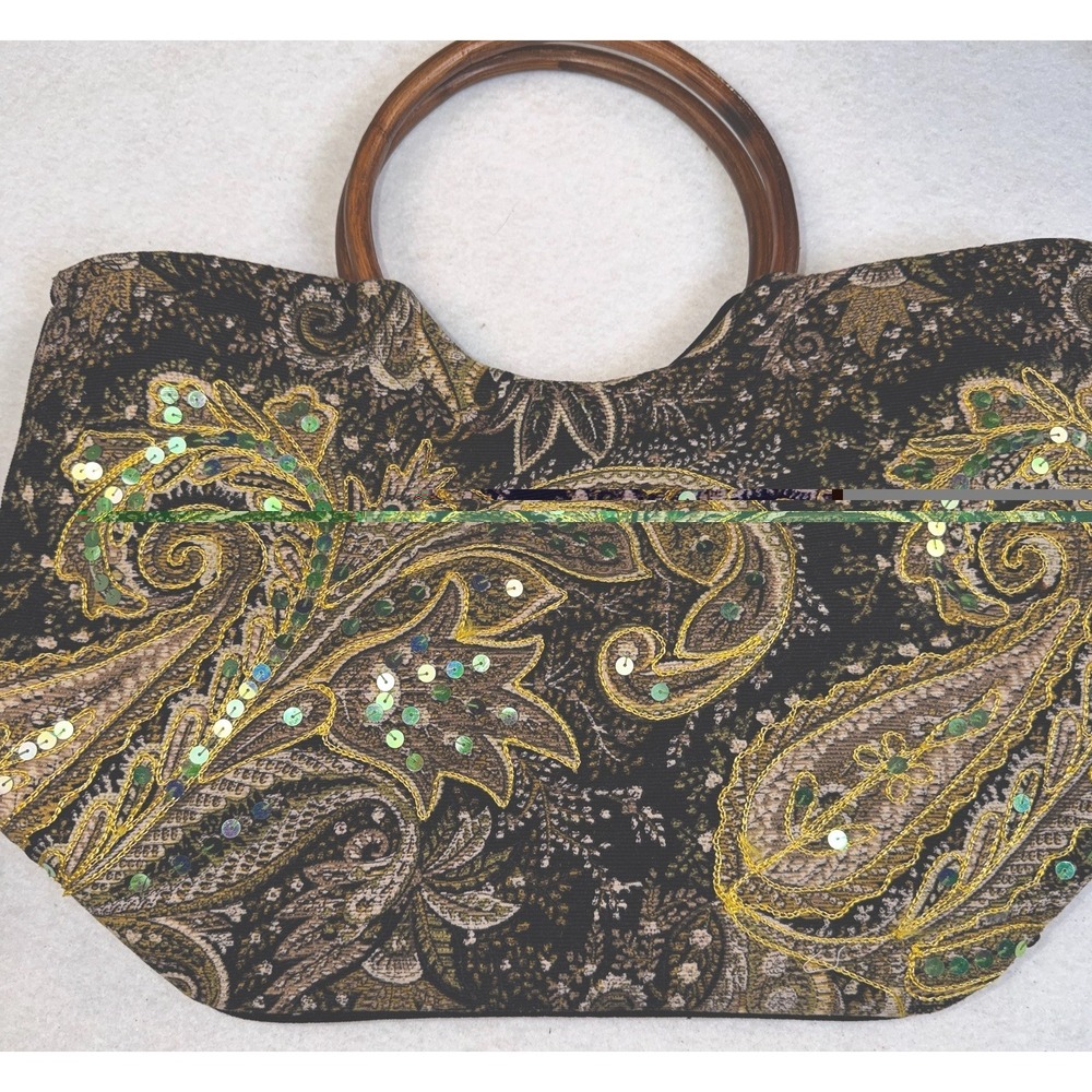 Beaded Sequin Paisley Purse Wooden Ring Handles Black Gold Green